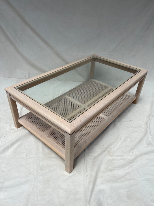 Oak & Cane Coffee Table - 1970s Scandinavian